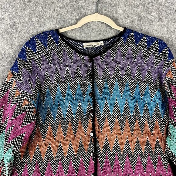 VTG French Rags Cardigan Sweater Womens 1 Small Chunky Chevron Artsy USA - Picture 2 of 12